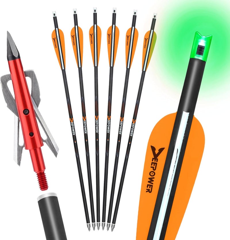 DEEPOWER Store 6 Pack Crossbow Bolts 20 inch GPI 9.9 with Broadheads 100 Grain and 7.62mm Lighted Nocks Crossbow Arrows for Hunting and Practice - Image 1